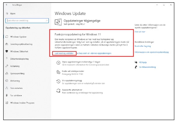 Skjermbilde av Windows update med Windows 11 tilgjengelig