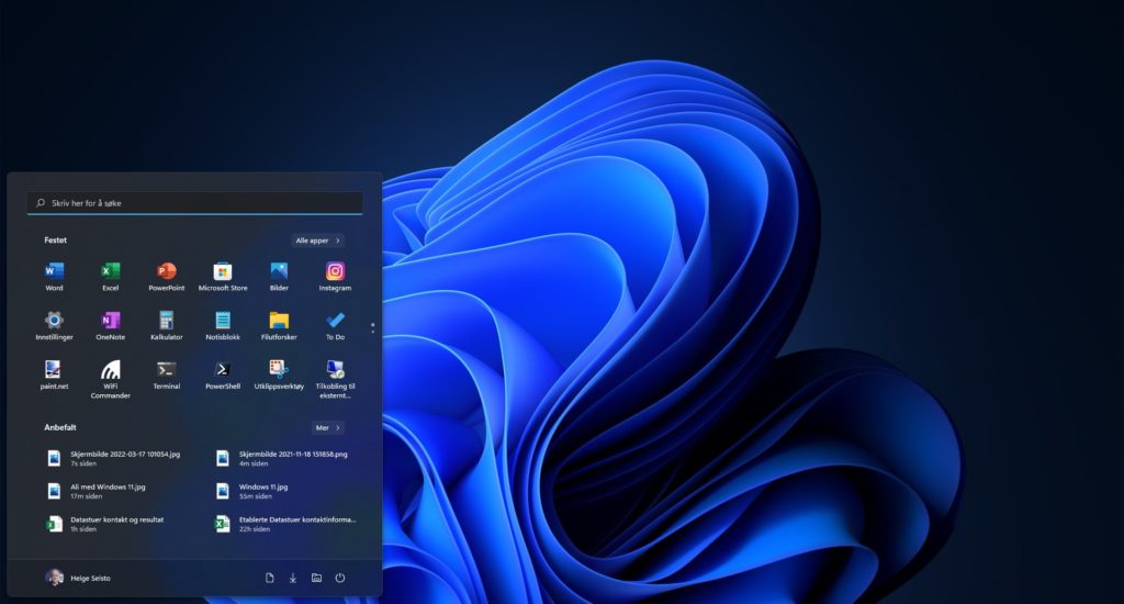 Skjermbilde av Windows 11 med meny