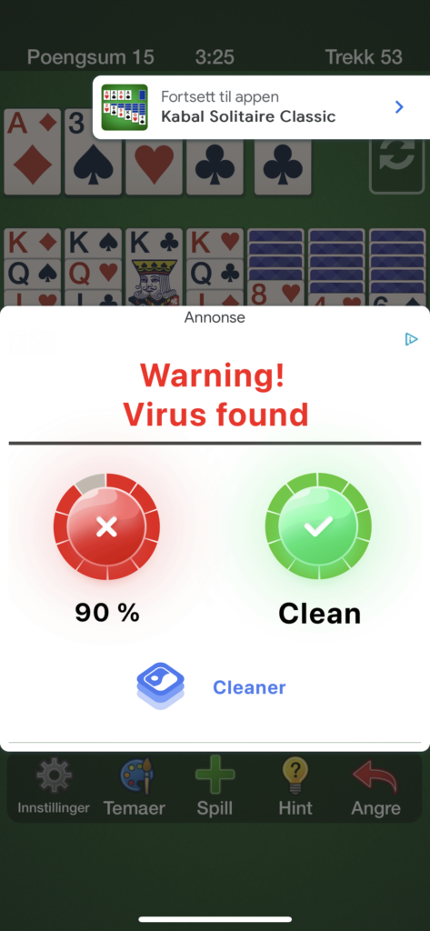 Skjermbilde kabal, falsk virusreklame