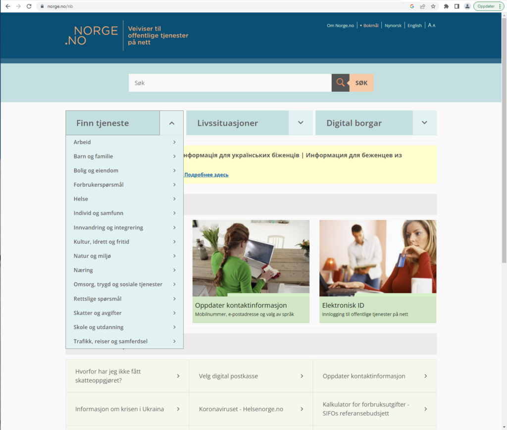 Skjermdump av forsiden på Norge.no med valgene under "Finn tjeneste".