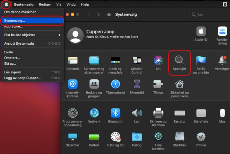 Skjermdump av systemvalg