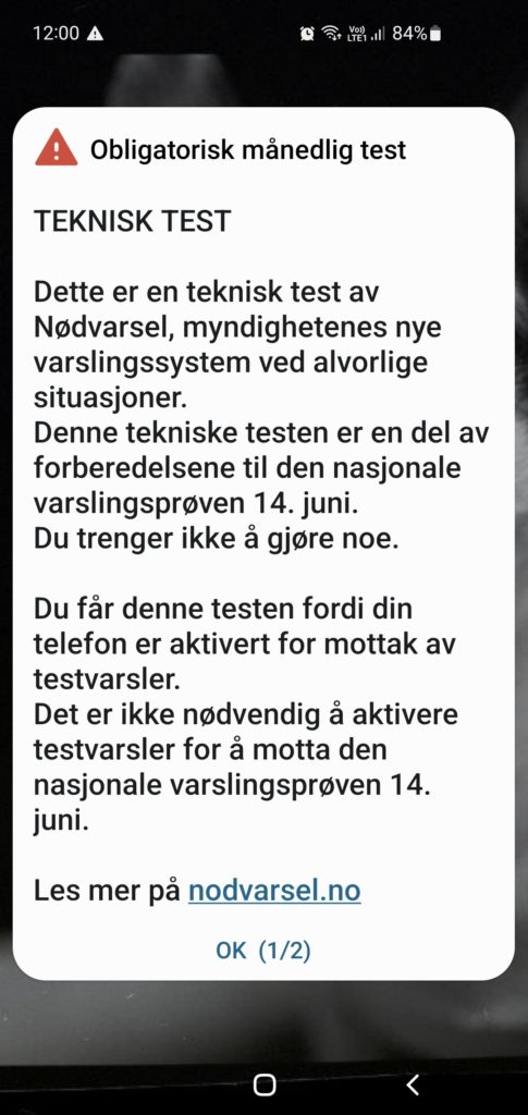 Skjermdump av nødvarsel på mobil