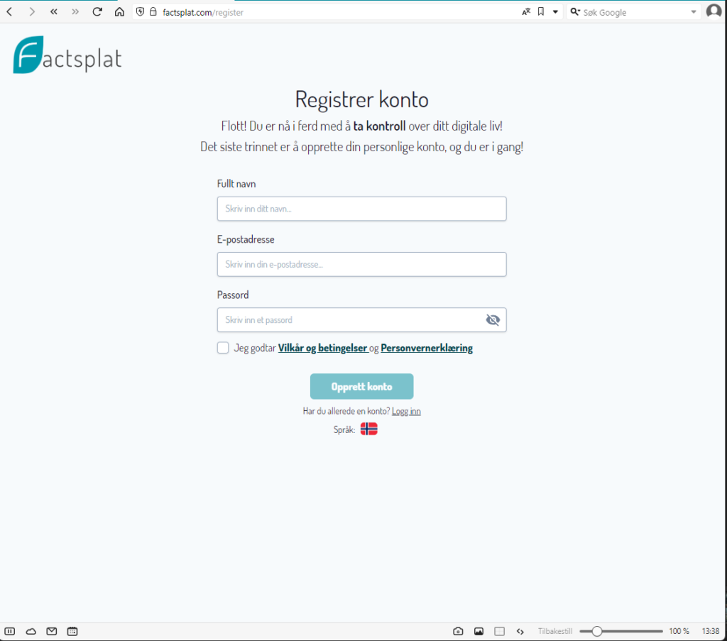 Skjermbilde av registreringsskjema på factsplat.com