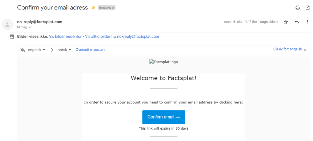Velkomst e-post med knapp for å bekrefte konto