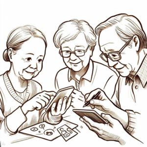 Tegning av tre personer med mobiltelefon