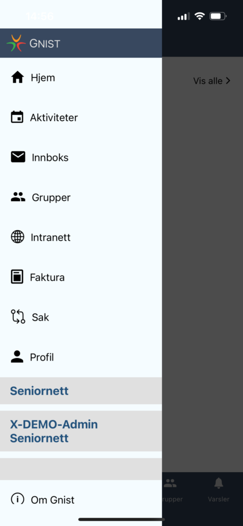 Skjermdump av sidemeny