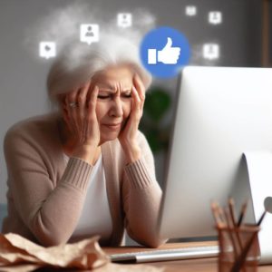 Kvinne sitter foran en datamaskin og med hendene i ansiktet. Hun er oppgitt og frustrert. 