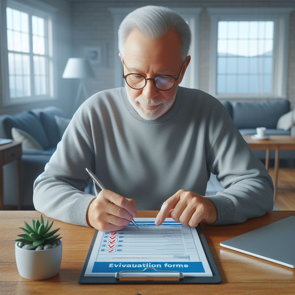 Mann sitter ved stuebordet og fyller ut et skjema. 