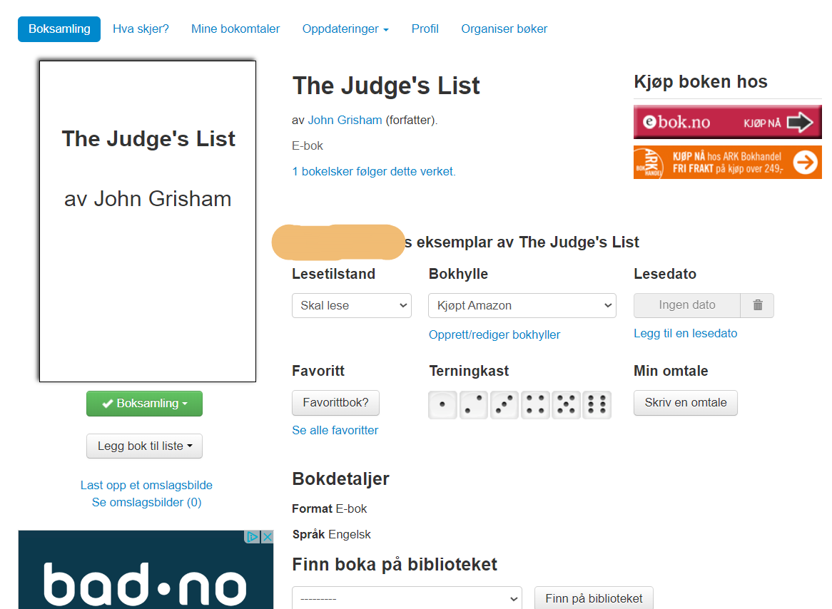 Detaljerte opplysninger om boka jeg nettopp har lest