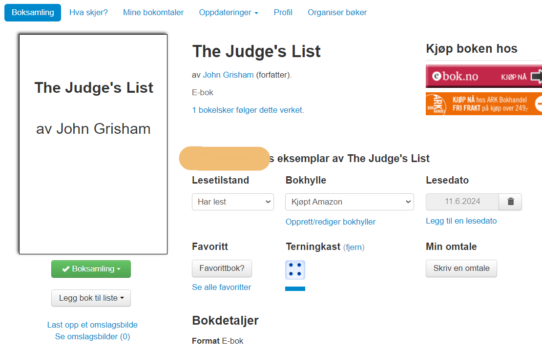 Utfylt Lesetilstand, Lesedato og Terningkast