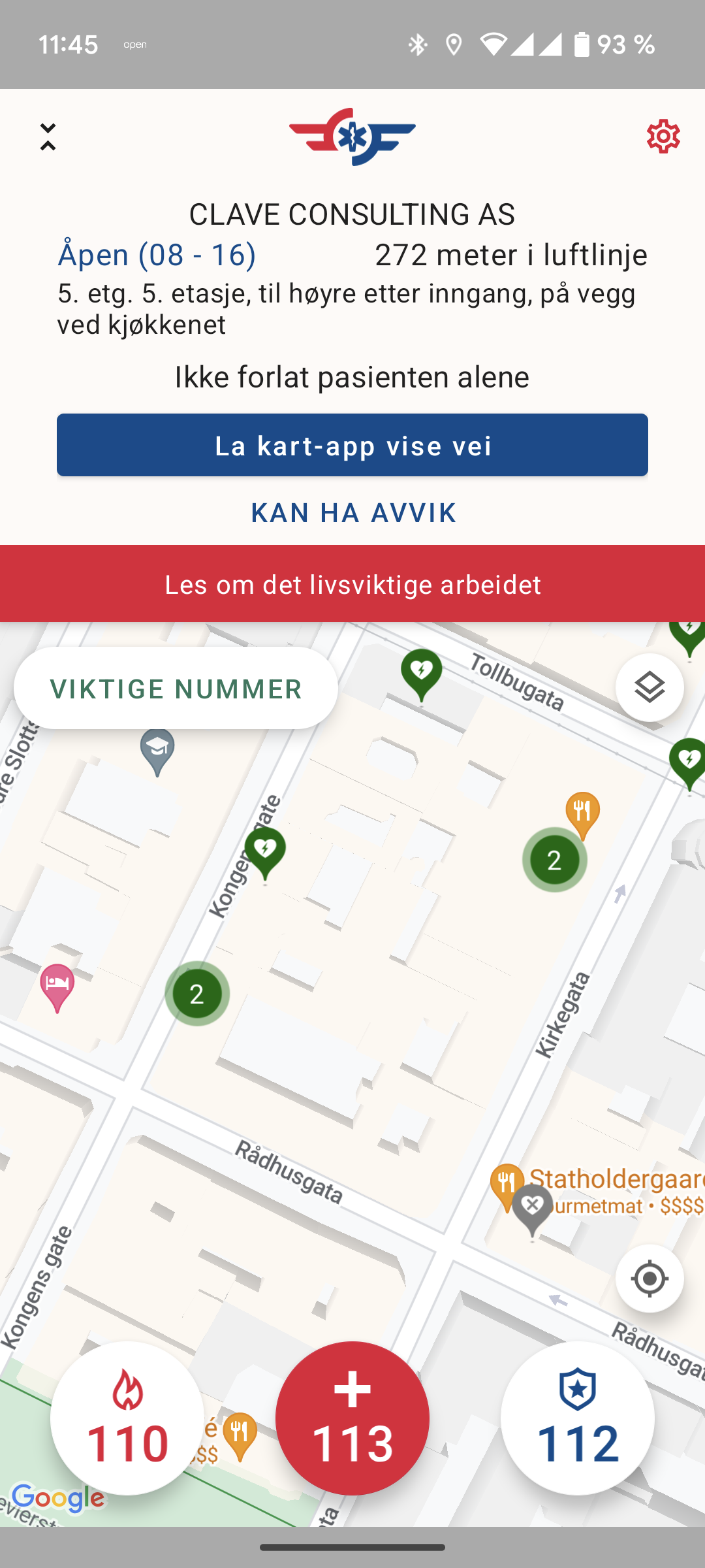Eksempel på detaljinfo om en hjertestarter