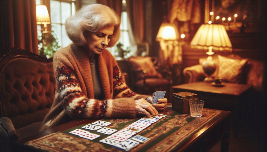 En senior som spiller kabal - fremstilt med kunstig intelligens