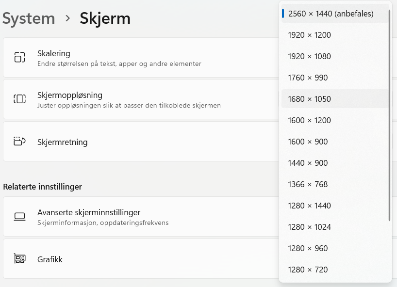 Valg av skjermoppløsning