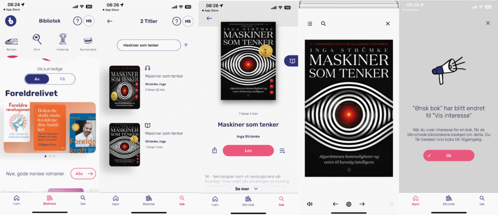 Skjermbilder søk og lån en bok