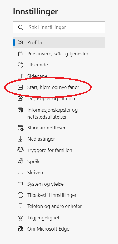 Valg av Start, hjem og nye faner