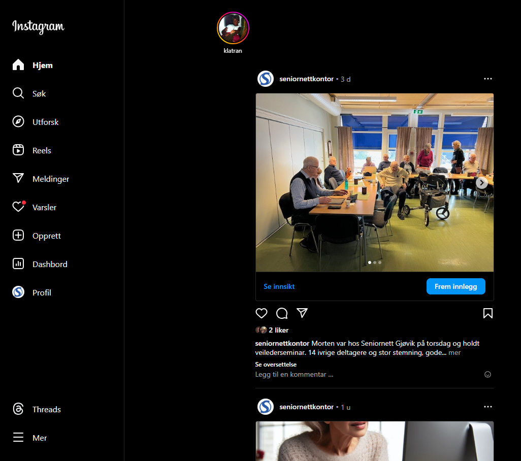 Skjermdump av Seniornetts Instagram