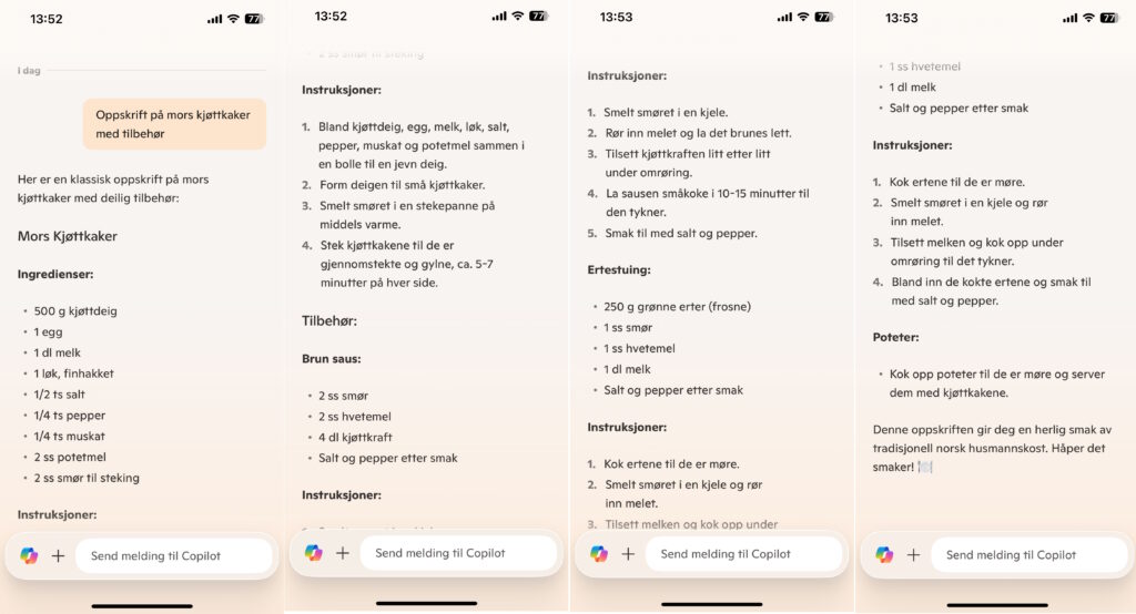 Skjermdump av Copilot med svar i form av oppskrift