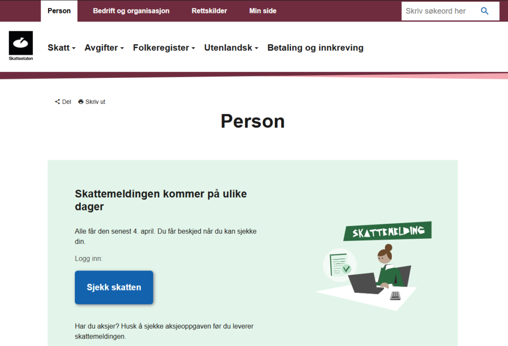 Skjermbilde av skatteetatens nettside