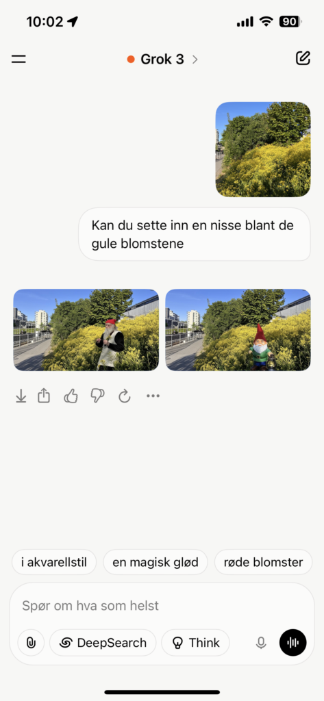 Skjermdump med eksempel på bruk av Grok til å manipulere et bilde