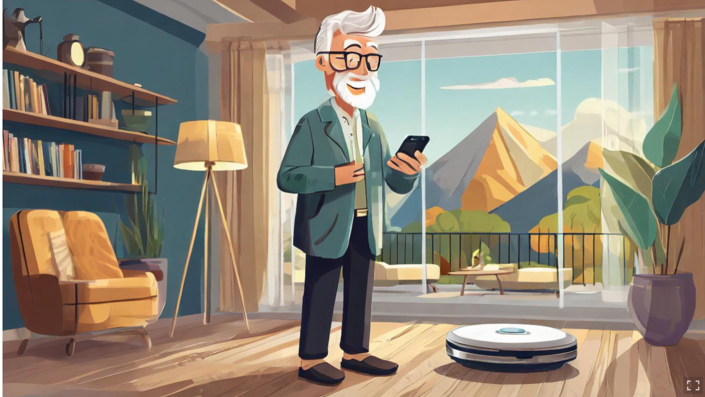 Bilde av en eldre person med teknologiske nyvinninger