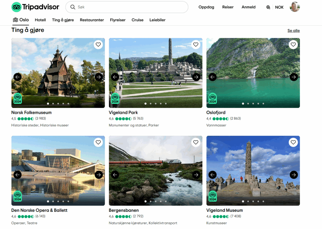 Skjermbilde av Tripadvisor når du har trykket på "Ting å gjøre"