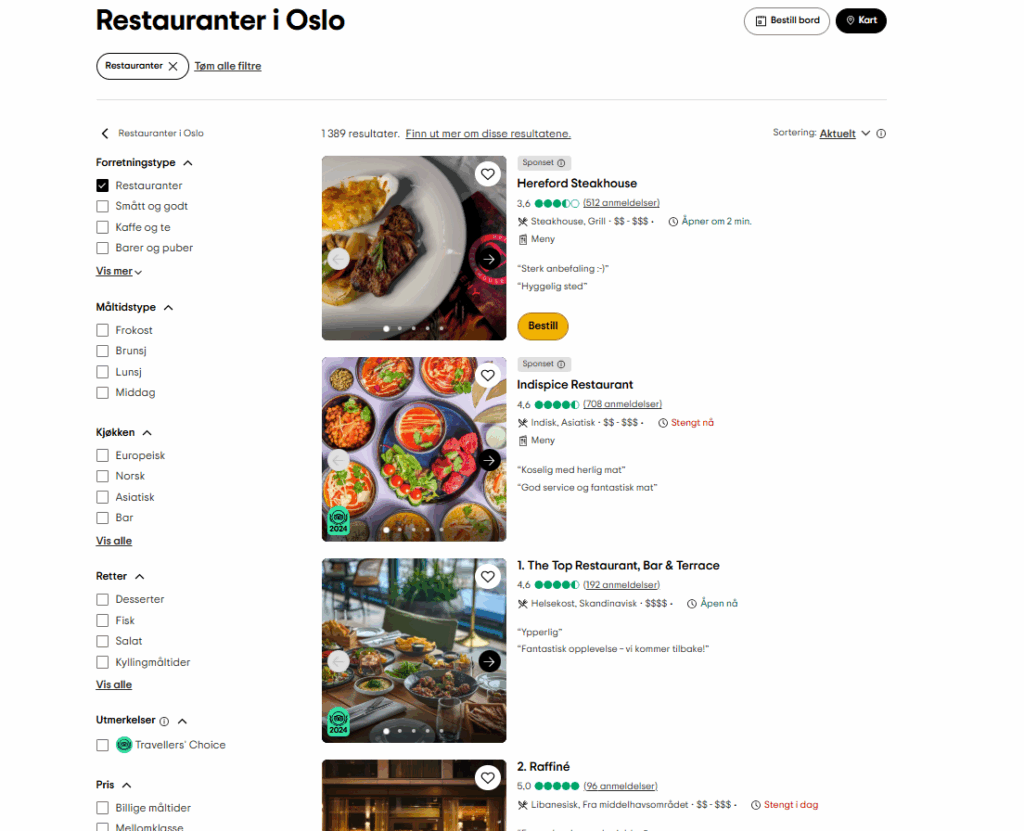 Skjermbilde av noen restauranter i Oslo