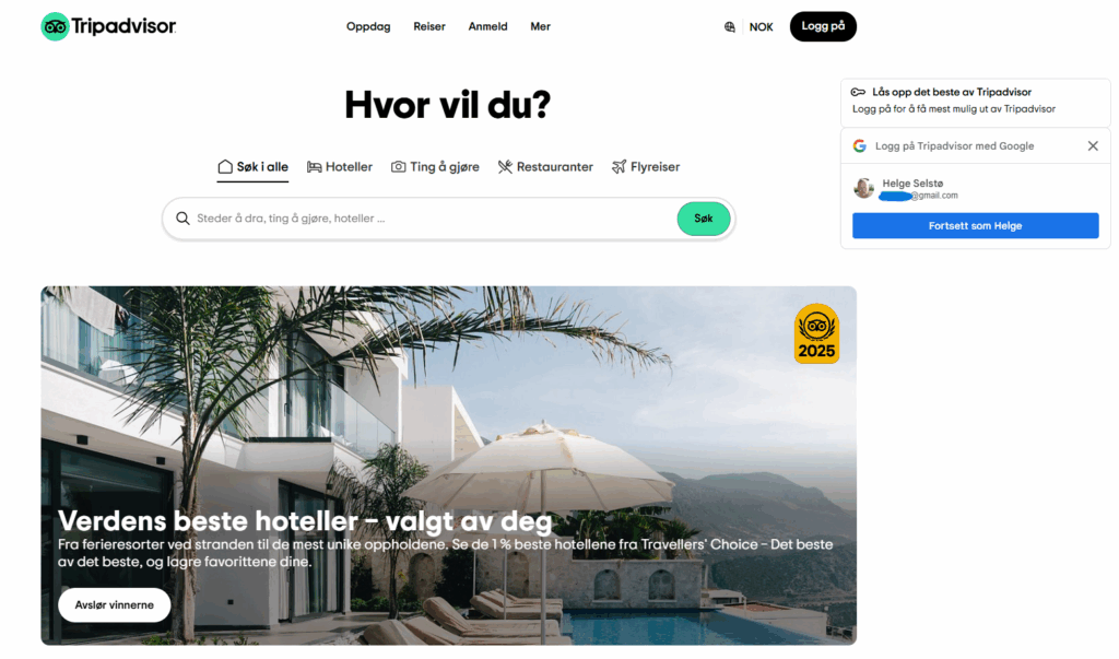 Skjermbilde av pålogging på Tripadvisor