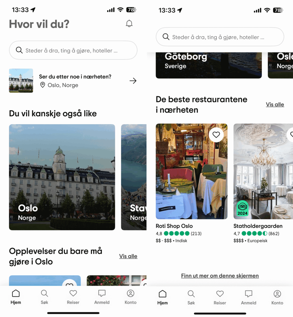 Skjermbilder fra mobilappen