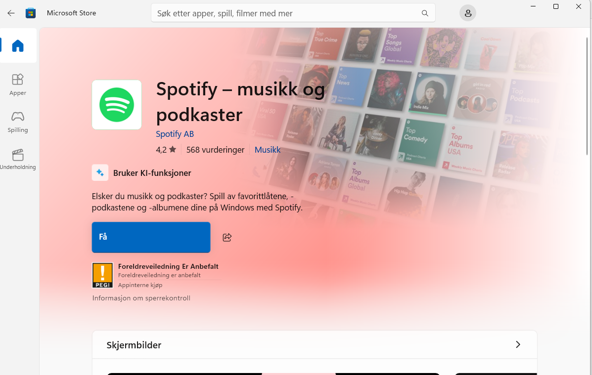 Opplysninger om det programmet jeg tenker å installere (i dette tilfelle, Spotify)