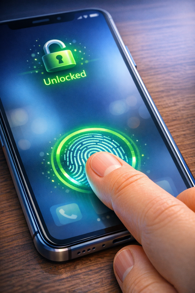 Fingeravtrykk som låser opp en mobiltelefon