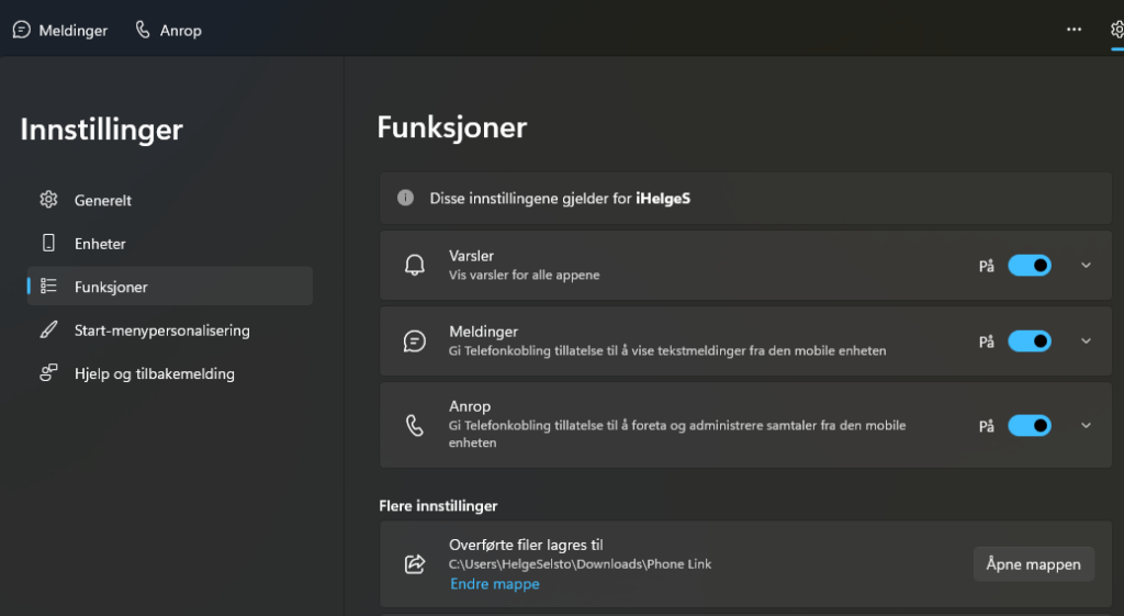 Innstillinger i Telefonkoblingsappen
