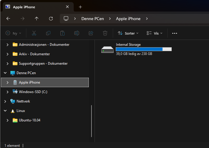 iPhone som vises i filutforsker på PC