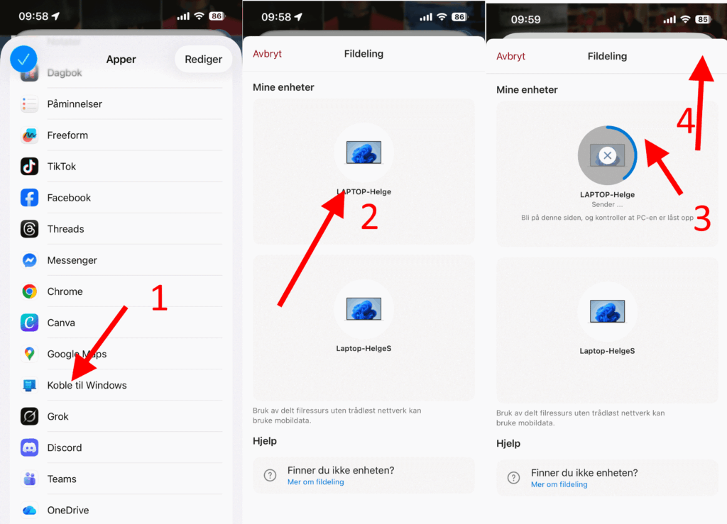 Skjermbilder av trådløs bildeoverføring
